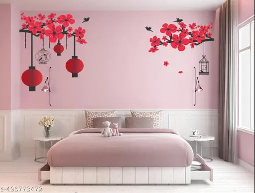 Sai Designs Combo of 4 Wall Stickers- Red Chinesh Lumps Cute Couple And Panda Lover Switch StickerBirds And Cage Vinyl Decorative Wall for Hall, bedroom & kitchen