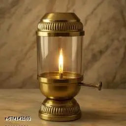 Brass Akhand Diya Oil Lamp Lantern with Borosilicate Glass Cover & Adjustable Bati Knob, Wick Lifting Screw Lever, Wick Included for Diwali Puja, Navratri, Janmastami For Deewali Gift Brass Diya For Puja