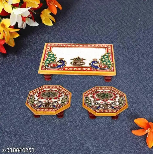 Peacock Art Design Marble Pooja Chowki for God | Handcrafted Marble Chowki for Puja Home Mandir, Idols Sitting, Pratima Murti (Pack of 3, Size: 4" x 6" Inch)