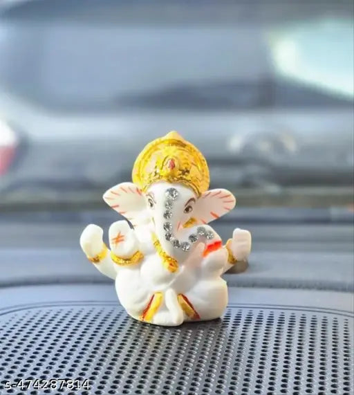 Ganesha Marble Diamond work Hand Crafted  Premium Idol Statue Showpiece for Car Dashboard Decoration Items for Home Decor Mandir Living Room Bedroom Pooja Room Office Table Decorative Gifts