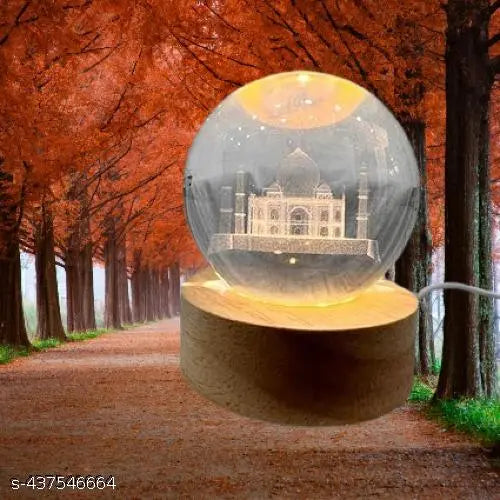GEETA ENTERPRISES  3D Taj Mahal Crystal Ball USB Night Light, 6 CM Glass Ball Night Lamp with Woodern Base, Decorations Gifts for Men & Women Meditation or Relaxation