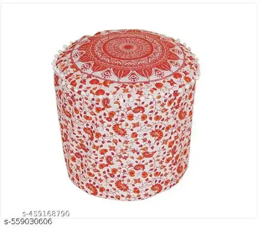 Shri Radhey Handicrafts Embroidery Cotton Muda Cover, Handmade Floral Design Mudda Cover, Muddy Stool Ottoman Pouffes Patio Chair Footstools Cover Size 17x18 Inches 1 pieces Orange (Only Cover)