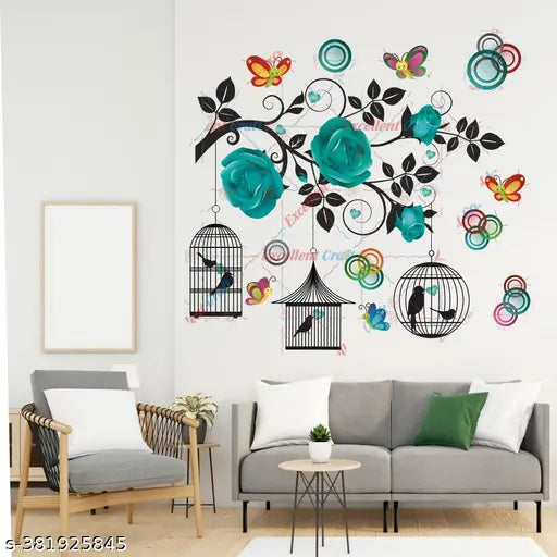Delight Art  Rose and Hanging Cages With Butterflies Wall Sticker Size - ( 61*57 ) cm