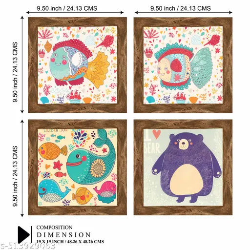 Indianara Kids Room Wall Art Set of 4, 24.13 x 24.13 cm Each, Cartoon Fish and Bear Prints, Black Frame (6508 WNT)