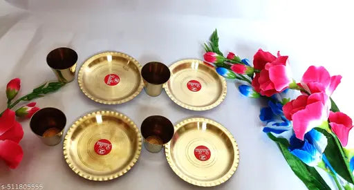 Mataraenterpraise24-Handmade Brass Puja Thali/Pure Brass Pooja Plate, Brass 4 Thali Set with 4  Glass for Temple, Home Décor & Office (combo) Gold