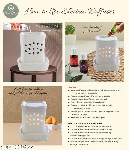 Handcrafted Ceramic Electric Aroma Diffuser| Aroma Oil Burner for Aromatherapy| Home Decor and Fragrance with Aroma Oils (Set of 1, Fragnance-Rosy Romance, English Lavender 10ML Each)