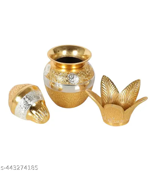 Gold German Silver Pooja Kalash with Decorative Embossing and Velvet Gift Box