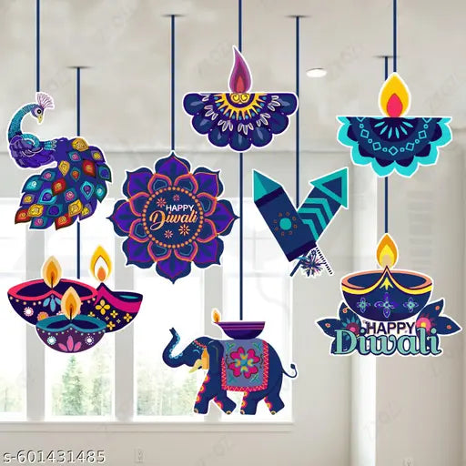 Zyozi® Diwali Decorations Ceiling Hanging, Traditional Festive Mandala Design, Colourful Diya and Elephant Cutouts, Deepavali Decorations Item (Pack of 9)