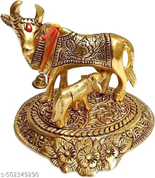 Cow And Calf Decorative Showpiece  -  8 cm (Aluminium, Gold)