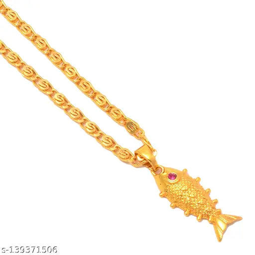 Jewar Mandi Fine Gold Plated Fish Locket Brass Pendant Designer Jewellery with Chain for Men
