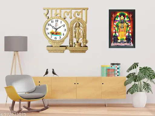 Pearl Gold Ramlal Wall Clock featuring a divine image of Ramlal Ji, crafted with a rich gold-toned frame and pearlescent finish — a perfect blend of tradition and luxury for your home décor.
