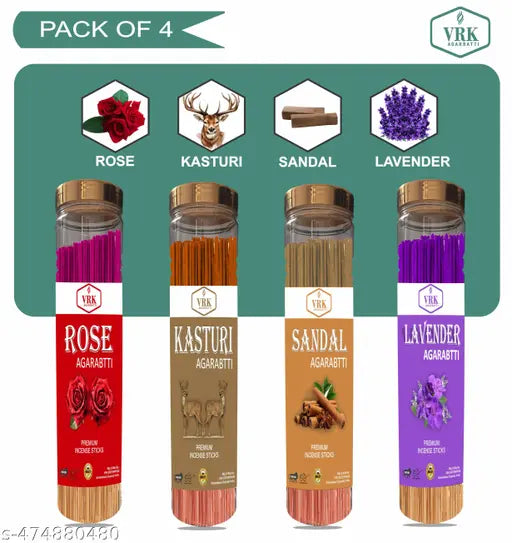 Vrk Agarbatti Premium Incense Sticks Combo Pack For Home Pooja And Negative Energy Remover Agarbatti Rose / Kasturi / Sandal / Lavender (100gm,Set Of 4) 400Gms
