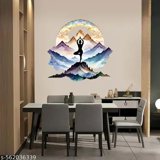Home Decor doing yoga in mountains Sticker for Home, Living Room, Bedroom, Kitchen (60 cm x 56 cm)