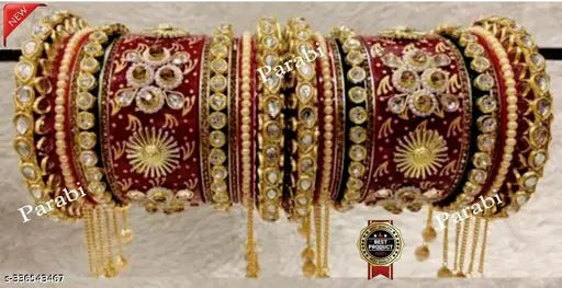 RED MULTICOLOUR LATKAN Heavy Alloy Gold-plated Rajkot Style Bridal Chuda Bangles Set For Girls And Women..