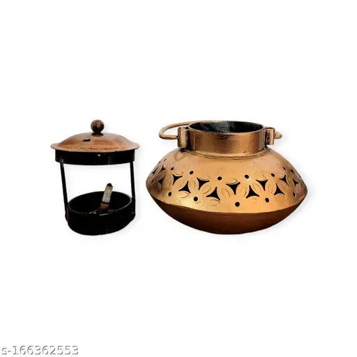 Classic Metal Small Kapoor Dani, Dhoop Pot, Degchi T-Light Holder for Pooja Room