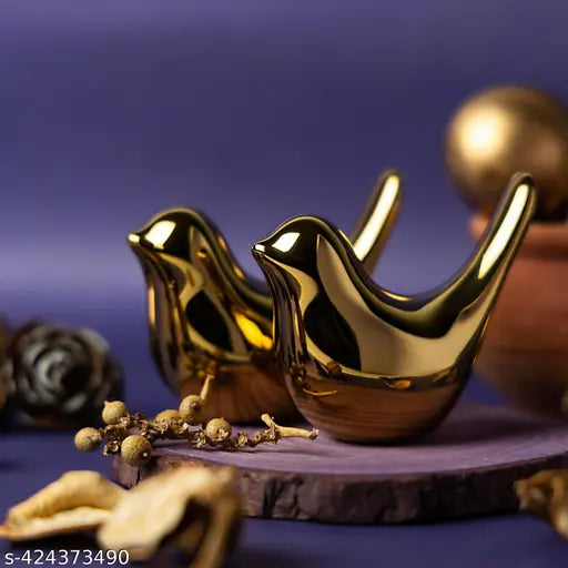 Mystical Midnight: Ceramic Sparrow Fantasy Sculpture For Home Decore(Set Of Two) (Golden), 38 Centimeters