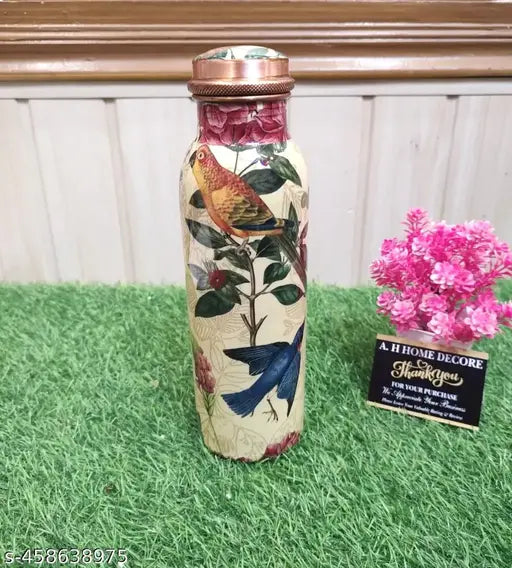 700ml Pure Copper 9'' Water Bottle For Drinking – 34 Oz – Ayurvedic Pure Copper Flowers and Birds Design Meena Water Bottles For Drinking More Water - Leak Proof Heavy Duty Copper Vessel 100% Leak Proof, For Home, Office, Gym Gift 10 inches