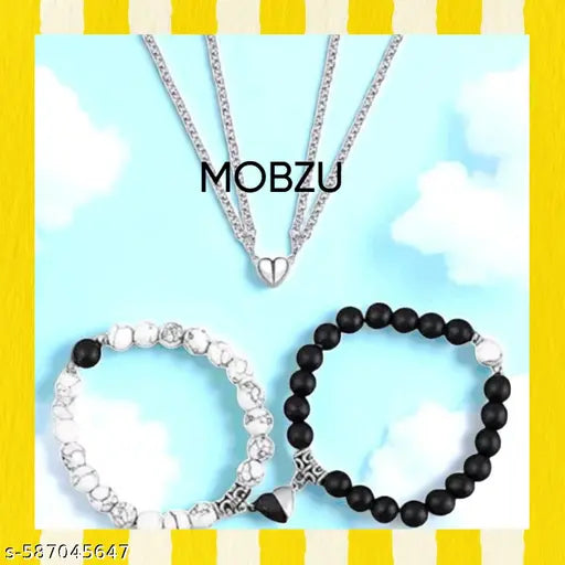 , Combo offer 4pcs/set Unisex Valentine Lovers Jewelry Gift Couple Bracelet Gifts Heart Shape Alloy Magnet Wristband Stone Beaded Bracelet and Magnet heart Pendant