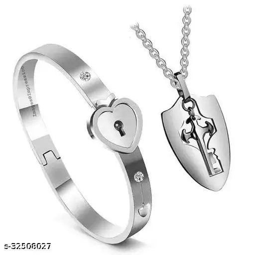 Valentine Gift jewellery couple bracelets Engraved Lock and Key Stainless Steel Couple Bracelet Pendant Necklace Set for Boys, Girls, Men & Women Girlfriend Boyfriend
