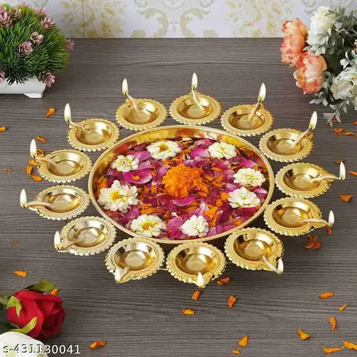 Metal Golden Diya Urli Bowl for Diwali Decoration | 10 Inch Traditional Brass Finish Bowl | Ideal for Floating Flowers, Diyas & Festive Decor | Size: H 1.2"/3cm x L 10"/25cm x W 4"/10cm