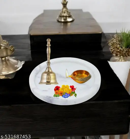 6 inch Marble Plate for Durga Pooja, Pooja Utility Item - Daily Pooja Plate /Thali Small
