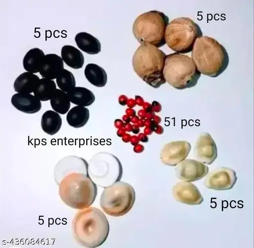 spiritual Gomti Chakra, Laghu Nariyal, Peeli Kauri, Kamal Gatte, Goonja Seeds| 5 each Wooden Yantra Puja Articles