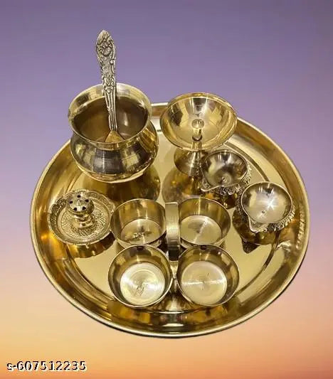 Brass Puja Thali Set, Complete Worship Kit with chokda and Spoon, Gold Finish