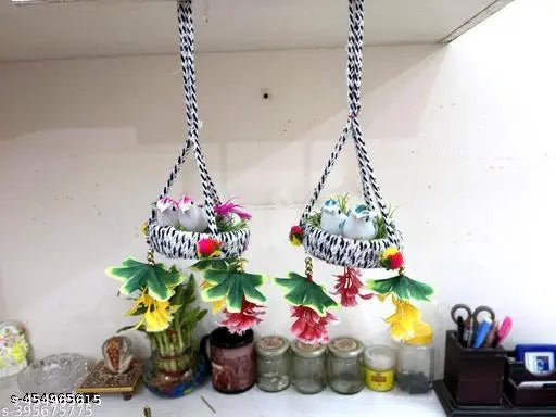 Pack of 04 Artificial Hanging Birds with Hanging Nest Showpiece With Birds for Home/Office/Kitchen Decorative Hanging Nest With Birds  Artificial Flower Marigold Flowers/Genda Phool Garlands Door Taran Set for Diwali l Door Hangings for Decoration