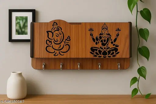 KusumCrafts Beautiful Wooden Key Holder For Wall Home Decor, Mobile Phone Stand With Two Compartments and Side Shelf Wood Key Holder( Pack of 1 )