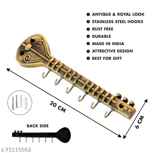 Zeetab Sitar Key Holder with 6 Hook | Veena Royal Brass Key Stand & Antique Guitar Wall Mount Metal Hanger for Music Lover | Home Decor Gift (20x6cm)