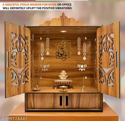SMS Wooden Temple Mandir for Home with Door Cabinets | Beautiful Pooja Unit with Storage Space | with LED Light and Wall Mounts | Elegant Pooja Mandir for Home Big Size(H-21, L-17 B-11 inch)