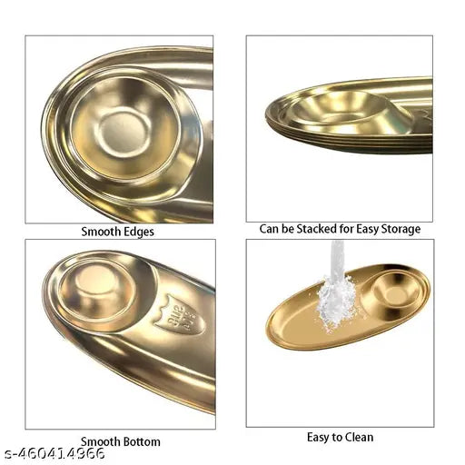 VATTU Kitchen Stainless Steel Snack Plate Grid Oval Cutlery Sauce Plate Western Food French Fries Fried Chicken Dim Sum Plate Split Plate Oval Camping Adult Snack Plate (Gold)