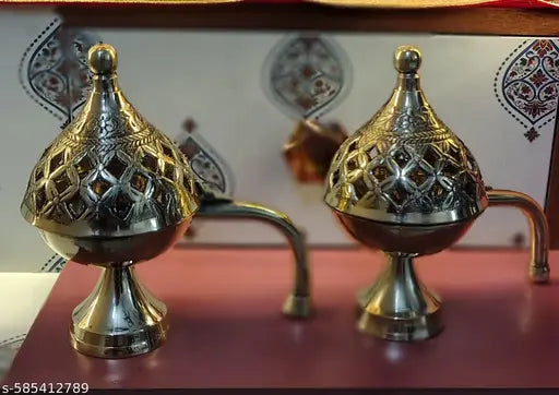Set of 2 piece|Dhoop loban| Handcrafted Brass Aroma Diffuser|Ornate Brass Incense Burner with Handle|Pooja Loban Incense Burner with Handle, Prayer Lamp, Dhoop Dhuni Burner Sambrani Dhoop,  Home Office Temple Prayer|