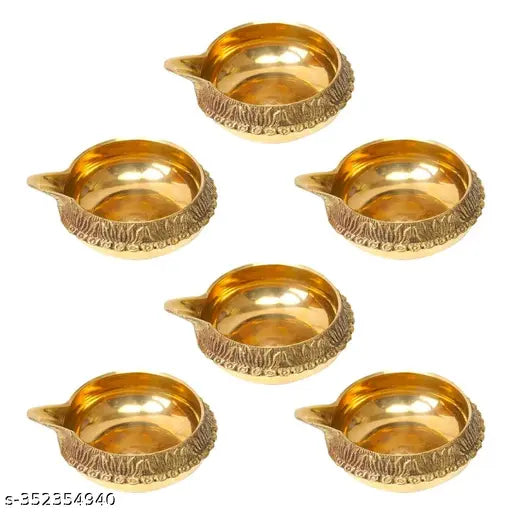 Brass Diya Golden (Size 2.5 inch) Brass Diya for puja, Handmade Indian Puja for Diwali Lamp Engraved Deepawali. (6)