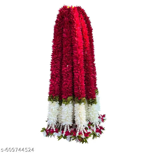 2 Feet Traditional Red & White Flower Garland for Diwali Decoration | Reusable | Pack of 4
