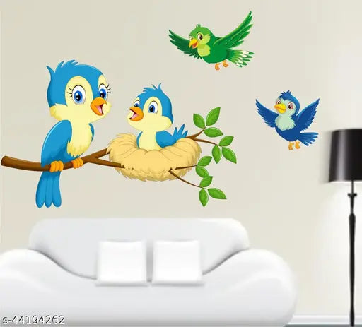 Heaven Decors Bird Baby On Tree Branch With Flying Birds Sticker For Kids ( PVC Vinyl Size -59cm x 45cm )