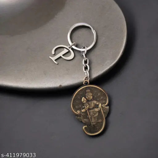 AnishNx Lord Murugan Kartikeya Big Tamil Om with English Initial "P" KartikeyaP15  Bronze  Metal Key Chain for Men And Women