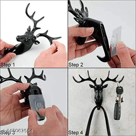 Plastic Deer Head Hanging Hook, Self Adhesive Wall Door Hook Hanger Bag Keys Sticky Holder (Black)
