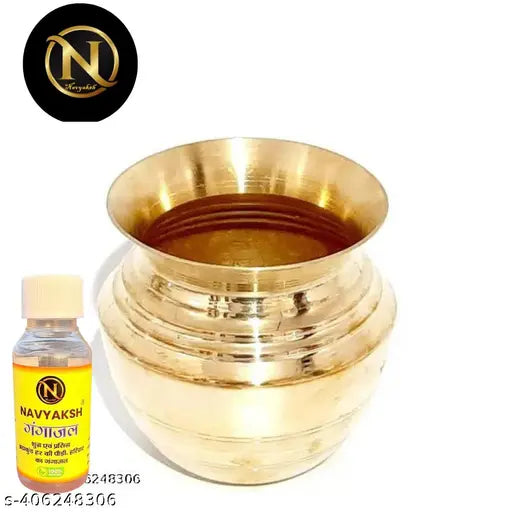 NAVYAKSH Brass Puja Kalasham/Kalash/Lota,Golden,(9cm/3.5INCH). WITH FREE HARIDWAR BRAHMKUND GANGAJALI (60ML)