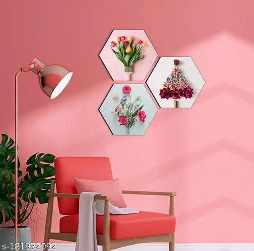 EMPIRIC ART Set Of 3 Pretty Flower Wall Painting For Living Room , Home Decor , Gift Item 17 Inch X 17 Inch