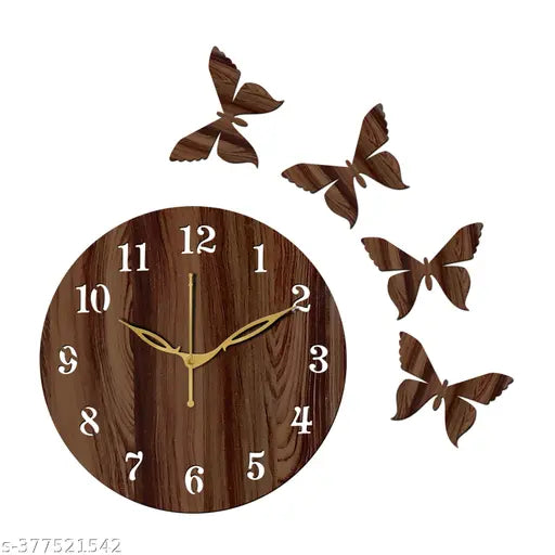 Wall Clock-001 Brown 25x25cm Wall Clocks for Home | Wall Clock for Living Room Bedroom | Designer Wooden Butterflies Clock