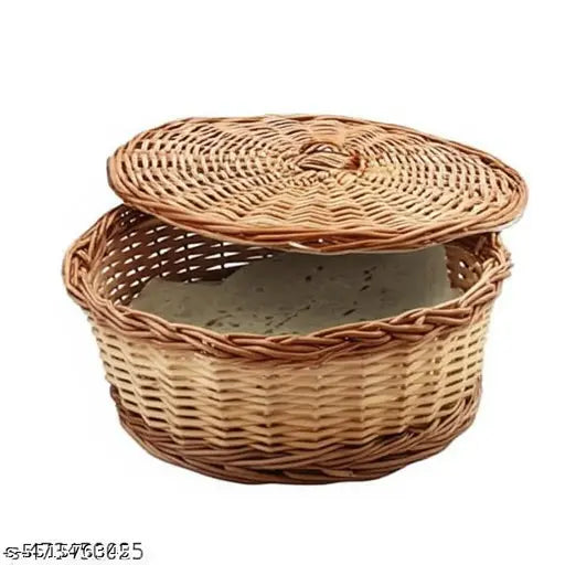 "Natural Wicker Roti Basket 10 Inch with Lid - Traditional Indian Chapati Warmer, Handwoven Bread Serving Bowl, Eco-friendly Kitchenware"