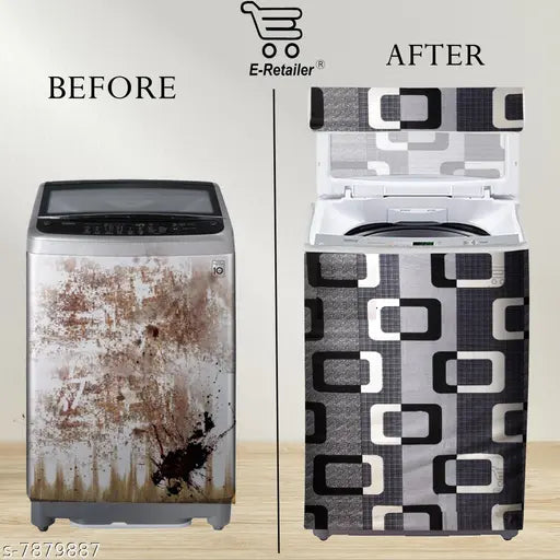E-Retailer®Polyester Top Load Washing Machine Cover With Zip Enclosure Suitable For 5kg to 8kg (Color-Geometric Black, Size-23x23x35 Inches)
