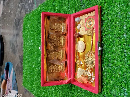 Hindu Spiritual Diwali Puja Kit with Gold Plated Lakshmi Ganesh Idols, Sacred Symbols in Red Decorative Box, Traditional Prayer Set
