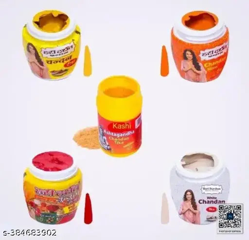 Hari darshan combo chandan tika (pack of 5) ! Kumkum tika 40gm !keshar tika40gm ! Kumkum roli tika 40gm!  White tika 40gm net 220 gm