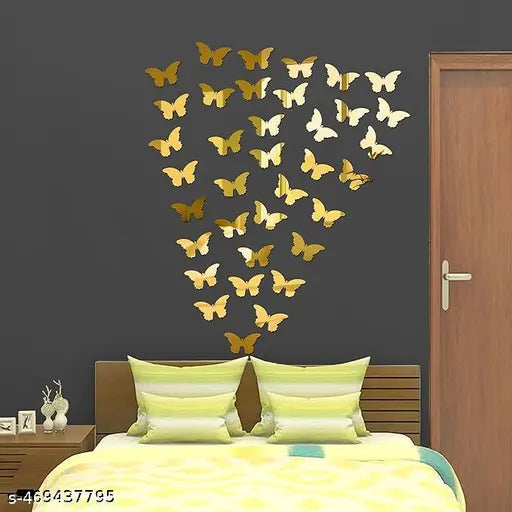 VSA OLLIVANDERS - Butterfly 30 Golden Decorative Mirror Stickers for Wall, Wall Mirror Stickers, 3D Acrylic Stickers Wall Stickers for Hall Room, Bed Room, Kitchen Living Room Kids Room.