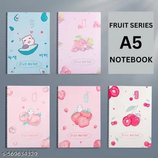 Kawaii 5 Pcs Fruit Themed Creative Thickened A5 Exercise Book Homework Book Note Book , 60 Pages Ruled Notebook For kids, Kawaii Notebook For Kids (Set Of 5)