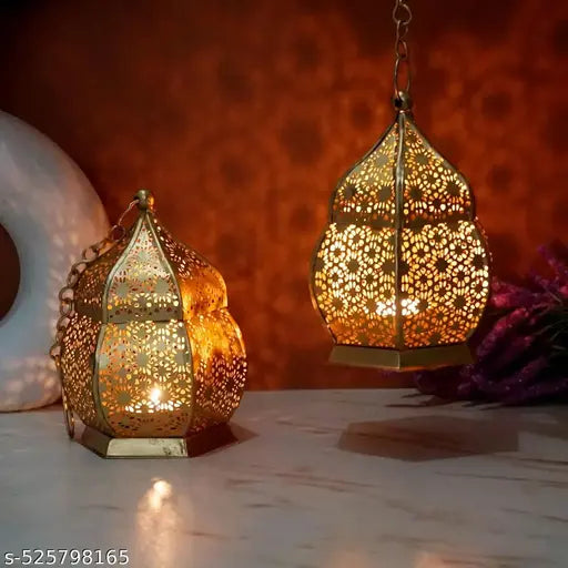 Decorative Lanterns Set of 2 T- Light Candles Holder For Diwali Navratri Festivals Weddings Puja Room Decorative Traditional Brass & Metal Puja  & Home Decor Items By IBFASAA IMPEX