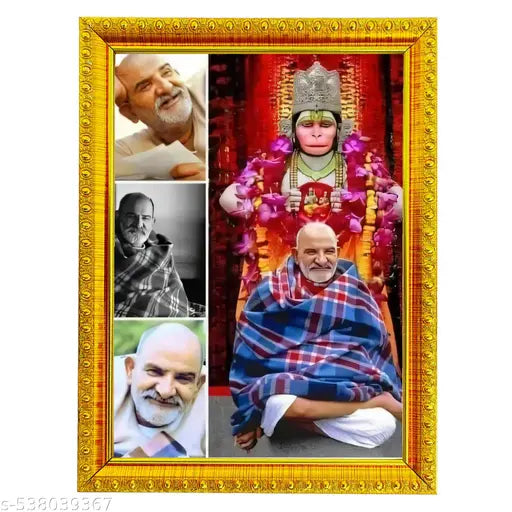 UdayGalleries Neem Karoli Baba Wall Painting Framed for Pooja Room | Goddess Neem Karoli Baba Kainchi Dham Photo Frame | Hanuman Ji Wooden Photo Frame with Matt Lamination  (Small Size, 8x6 Inch)