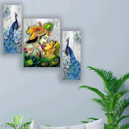 WALLMAX Set of 3 radha krishna uv textured Multi Effect 12 Inch x 18 Inch Painting